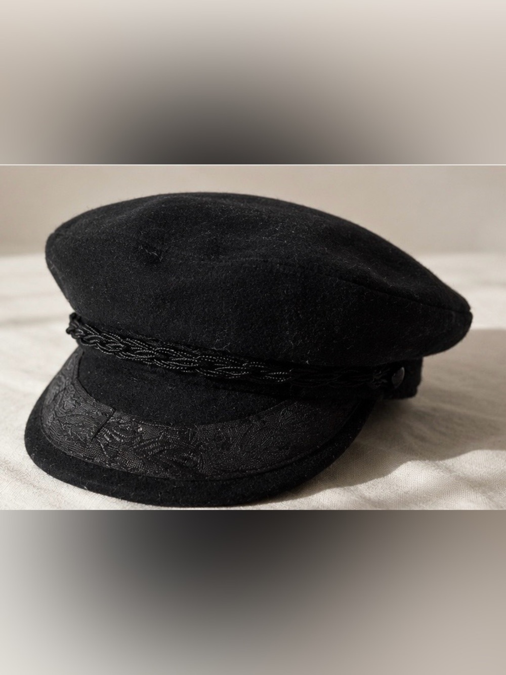 Goorin Bros Greek Fisherman Cap Black Wool Made in Greece Braided Baker Boy